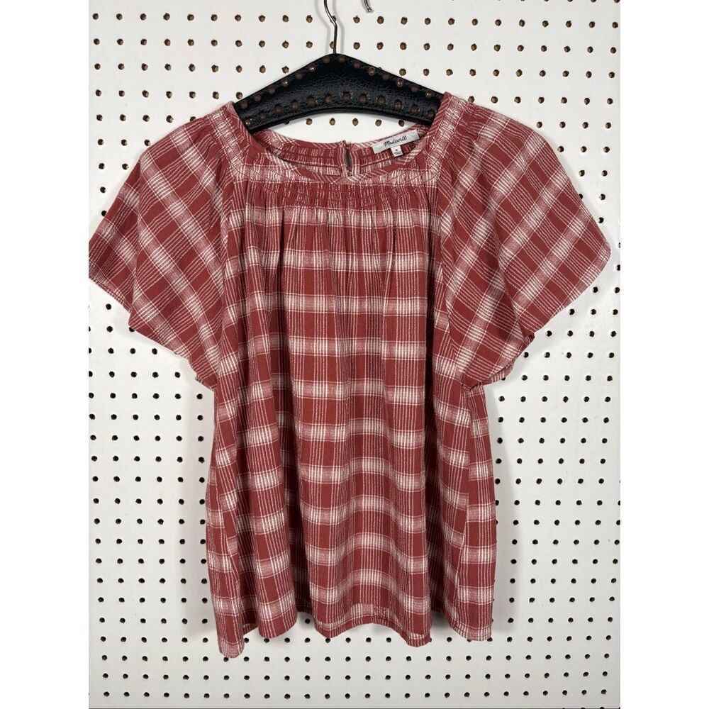 Madewell Red Plaid Short Sleeve Blouse